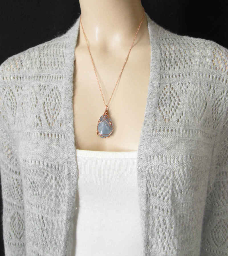 Copper Wire-Wrapped Polished Blue Celestite Crystal Pendant with 20" Chain, Handmade #3 | Woot & Hammy