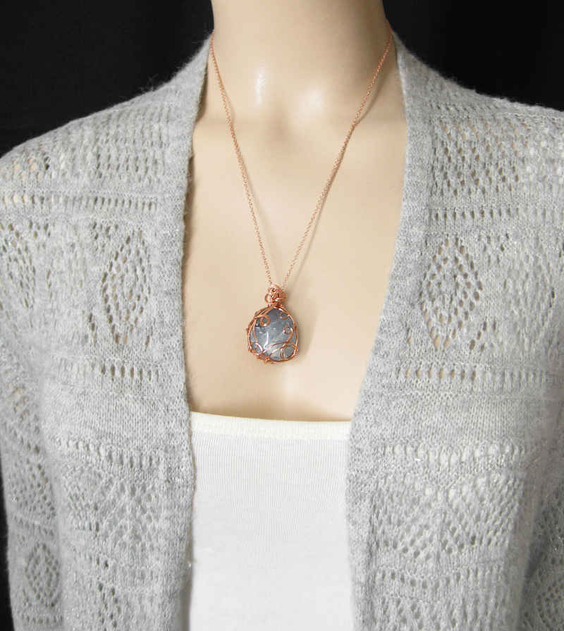 Copper Wire-Wrapped Polished Blue Celestite Crystal Pendant with 20" Chain, Handmade #4 | Woot & Hammy
