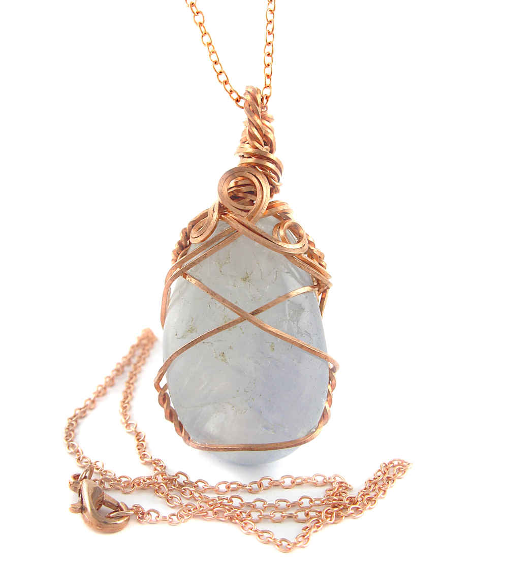 Copper Wire-Wrapped Polished Blue Celestite Crystal Pendant with 20" Chain, Handmade #2 | Woot & Hammy