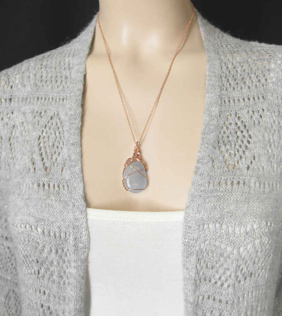 Copper Wire-Wrapped Polished Blue Celestite Crystal Pendant with 20" Chain, Handmade #2 | Woot & Hammy