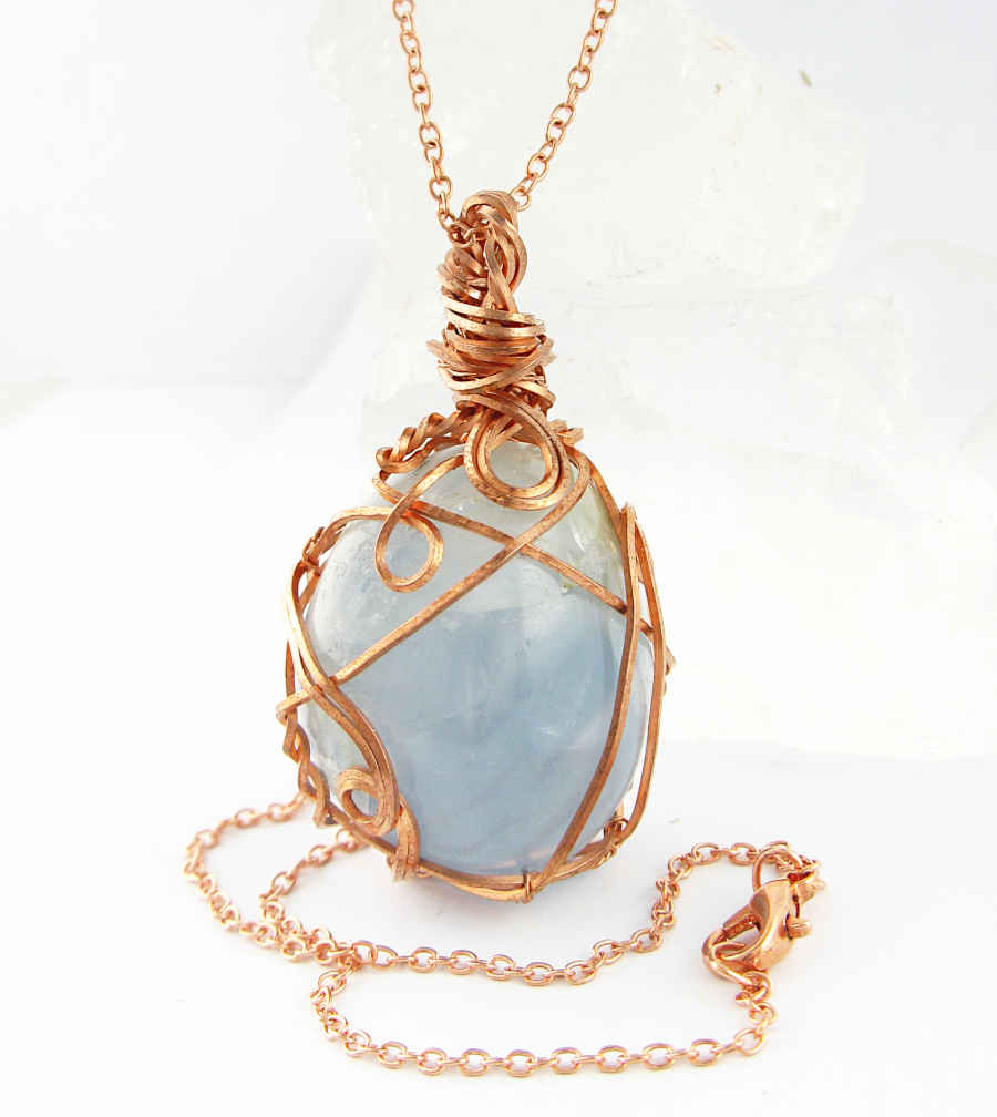 Copper Wire-Wrapped Polished Blue Celestite Crystal Pendant with 20" Chain, Handmade #7 | Woot & Hammy