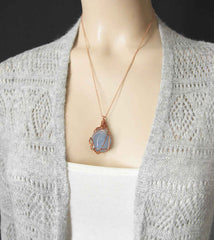 Copper Wire-Wrapped Polished Blue Celestite Crystal Pendant with 20" Chain, Handmade #7 | Woot & Hammy