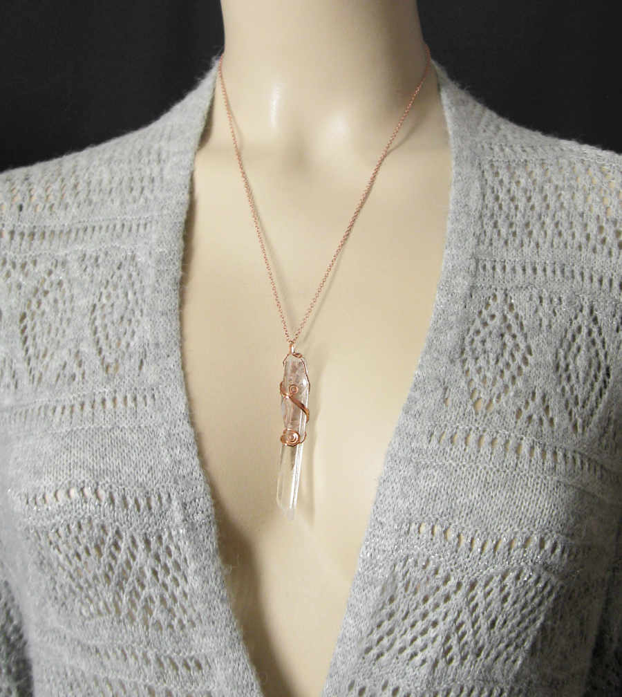 Raw Quartz Crystal Point Pendant Necklace, Copper Wire-Wrapped, with 24" Chain, Rough Gemstone Handmade front view with chain