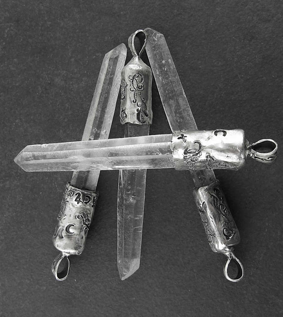 Capped Raw Quartz Crystal Point Pendants with Pentacles, Moons, & Vines, 100% Handmade, Fine Silver