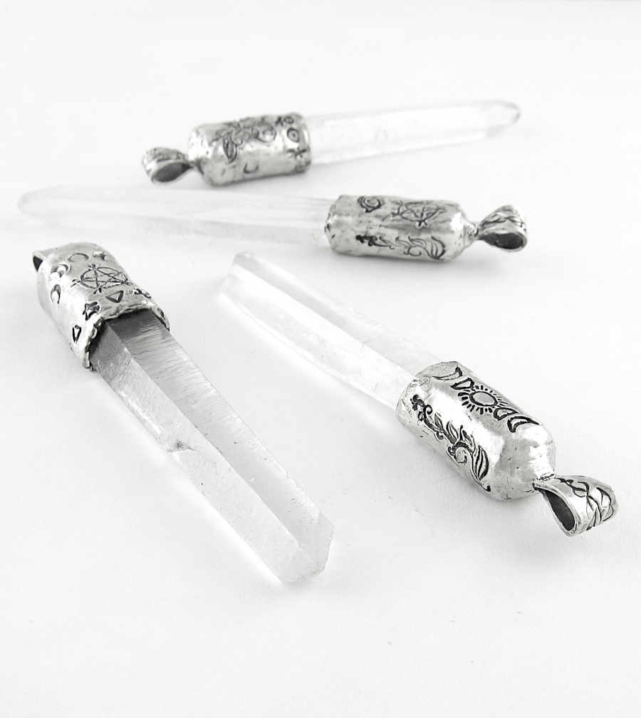 Capped Raw Quartz Crystal Point Pendants with Pentacles, Moons, & Vines, 100% Handmade, Fine Silver