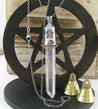 Capped Raw Quartz Crystal Point Pendants with Pentacles, Moons, & Vines, 100% Handmade, Fine Silver