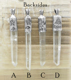Capped Raw Quartz Crystal Points Pendants with Pentacles, Moons, & Vines, 100% Handmade, Fine Silver