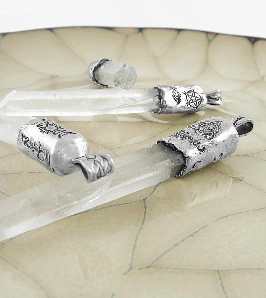 Capped Raw Quartz Crystal Point Pendants with Pentacles, Moons, & Vines, 100% Handmade, Fine Silver