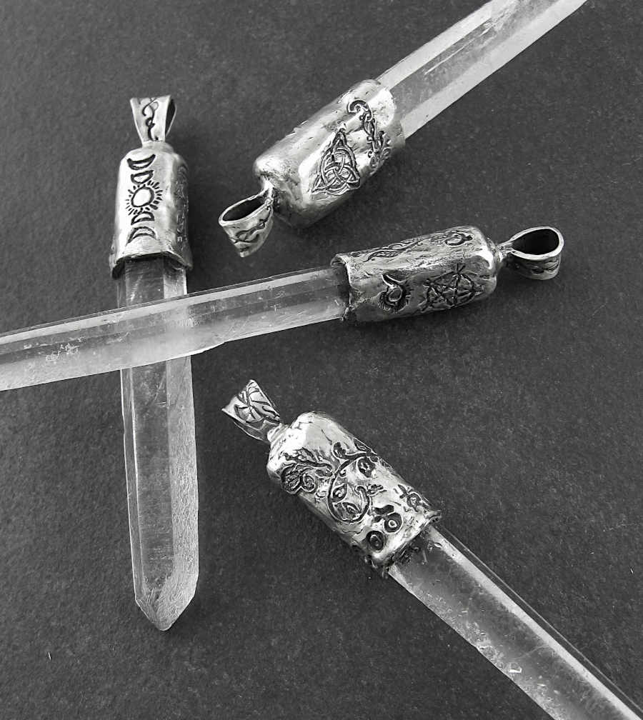 Capped Raw Quartz Crystal Point Pendants with Pentacles, Moons, & Vines, 100% Handmade, Fine Silver