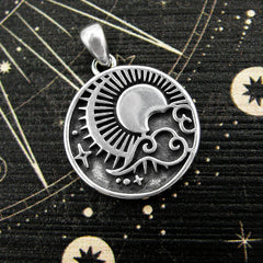 Sky with Radiant Sun Crescent Moon Stars Clouds Planets Small Oxidized Pendant Good Luck Cosmos | Woot & Hammy