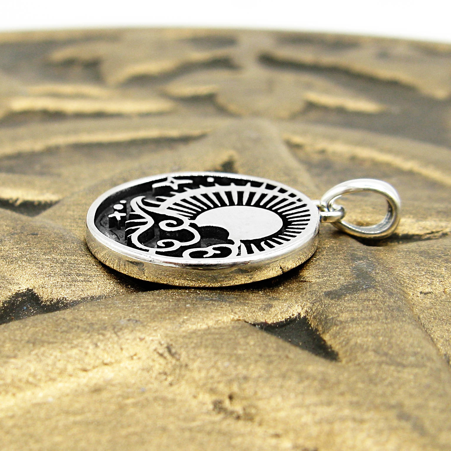 Sky with Radiant Sun Crescent Moon Stars Clouds Planets Small Oxidized Pendant Good Luck Cosmos | Woot & Hammy