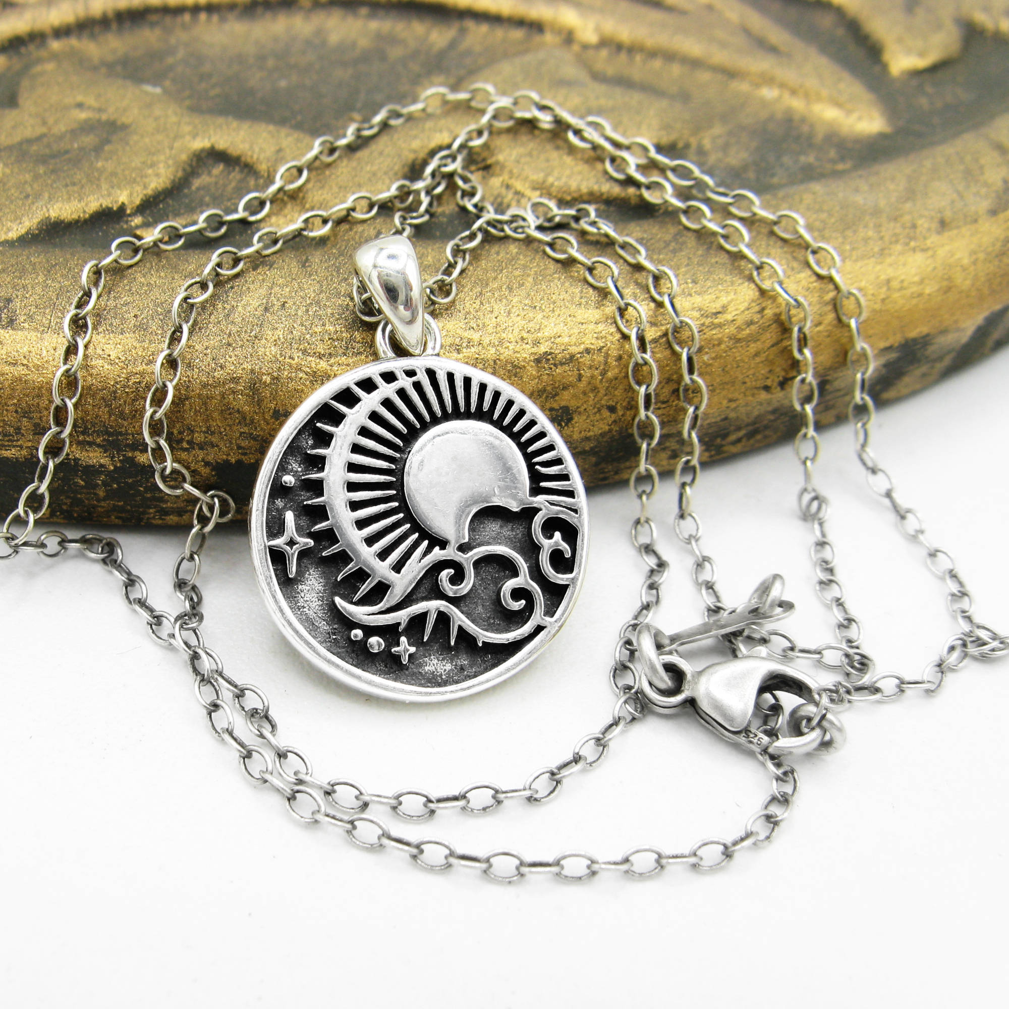 Sky with Radiant Sun Crescent Moon Stars Clouds Planets Small Oxidized Pendant Good Luck Cosmos | Woot & Hammy