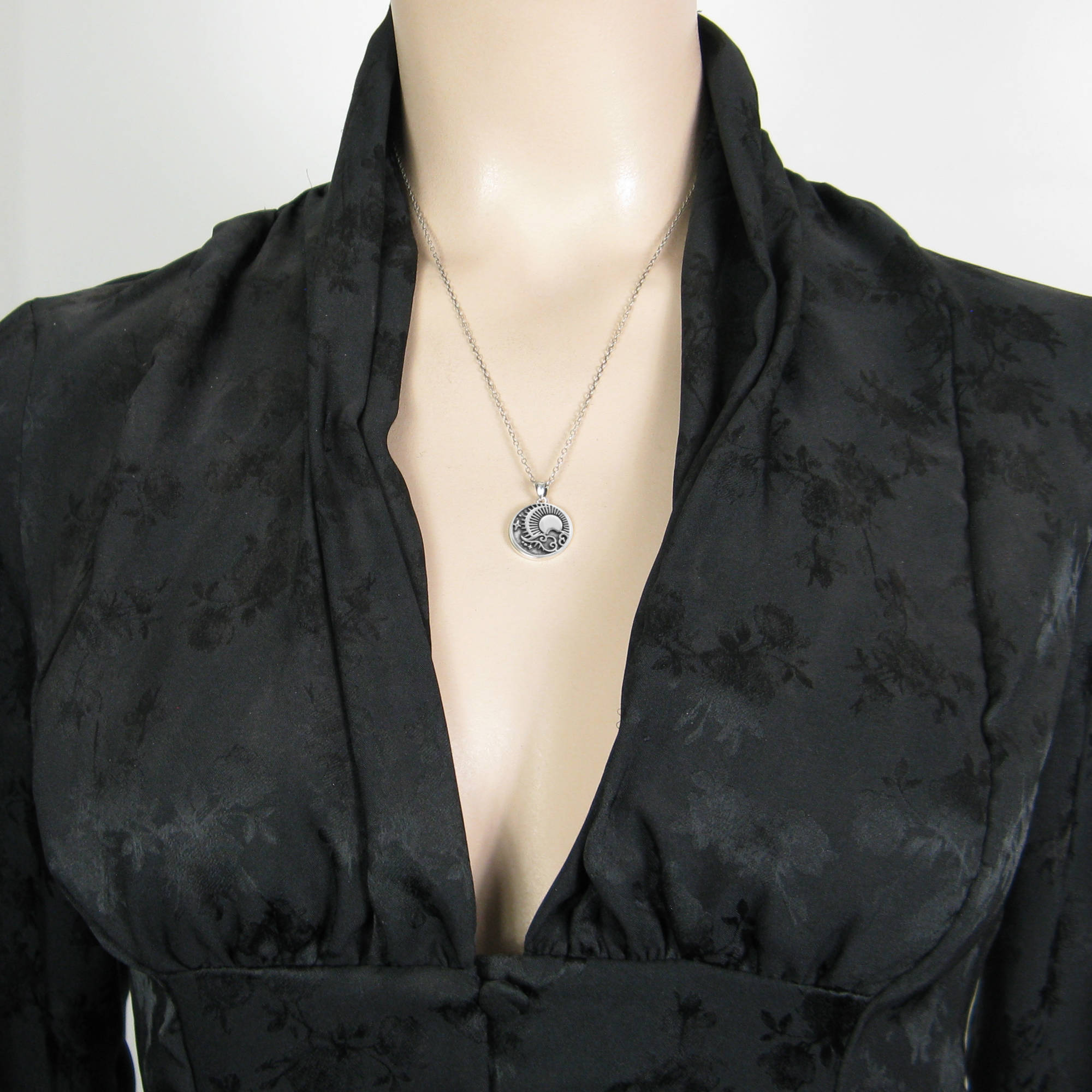 Sky with Radiant Sun Crescent Moon Stars Clouds Planets Small Oxidized Pendant Good Luck Cosmos | Woot & Hammy