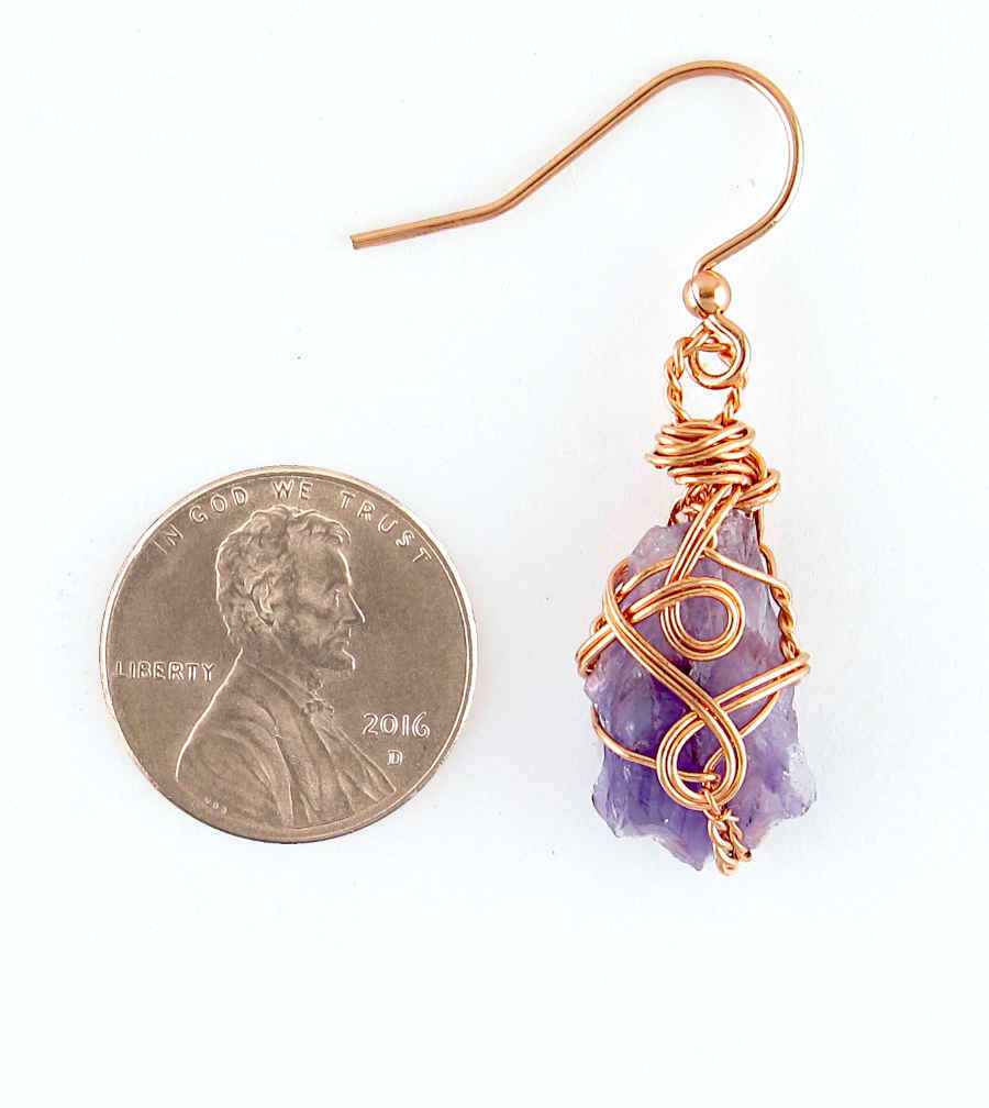 Raw Amethyst Crystal Hook Drop Dangle Earrings Purple Copper Wire-Wrapped Handmade | Woot & Hammy