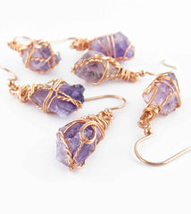 Raw Amethyst Crystal Hook Drop Dangle Earrings Purple Copper Wire-Wrapped Handmade | Woot & Hammy