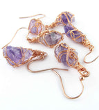 Raw Amethyst Crystal Hook Drop Dangle Earrings Purple Copper Wire-Wrapped Handmade | Woot & Hammy