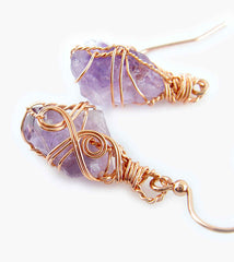 Raw Amethyst Crystal Hook Drop Dangle Earrings Purple Copper Wire-Wrapped Handmade | Woot & Hammy