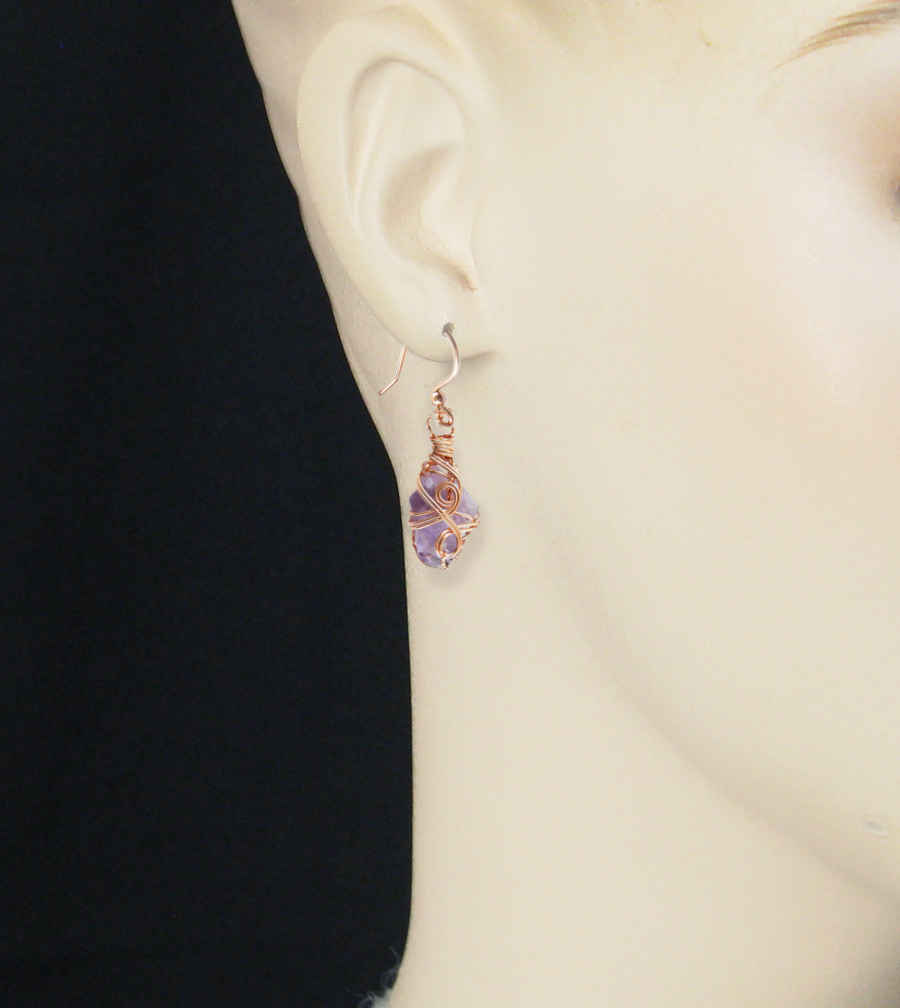 Raw Amethyst Crystal Hook Drop Dangle Earrings Purple Copper Wire-Wrapped Handmade | Woot & Hammy