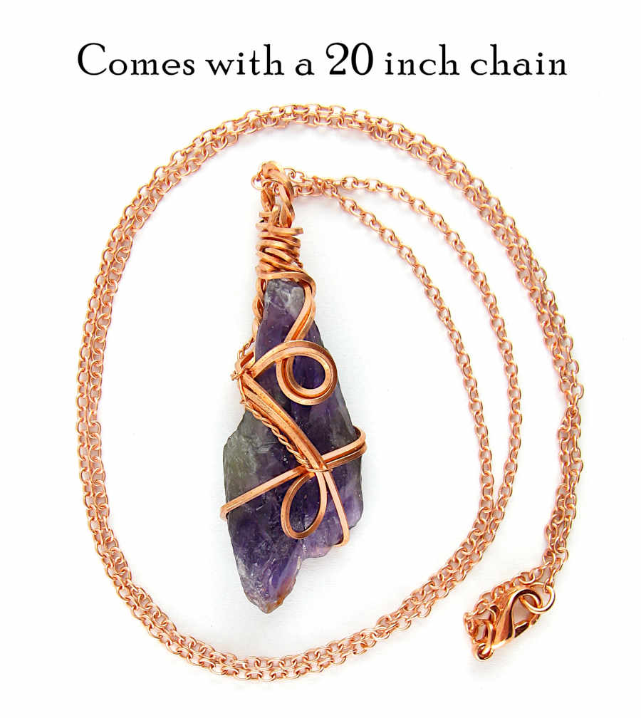 Raw Amethyst Crystal Pendant Necklace w/ 2 Swirls, Dark Purple, Copper Wire-Wrapped, w/ 20" Chain, Handmade