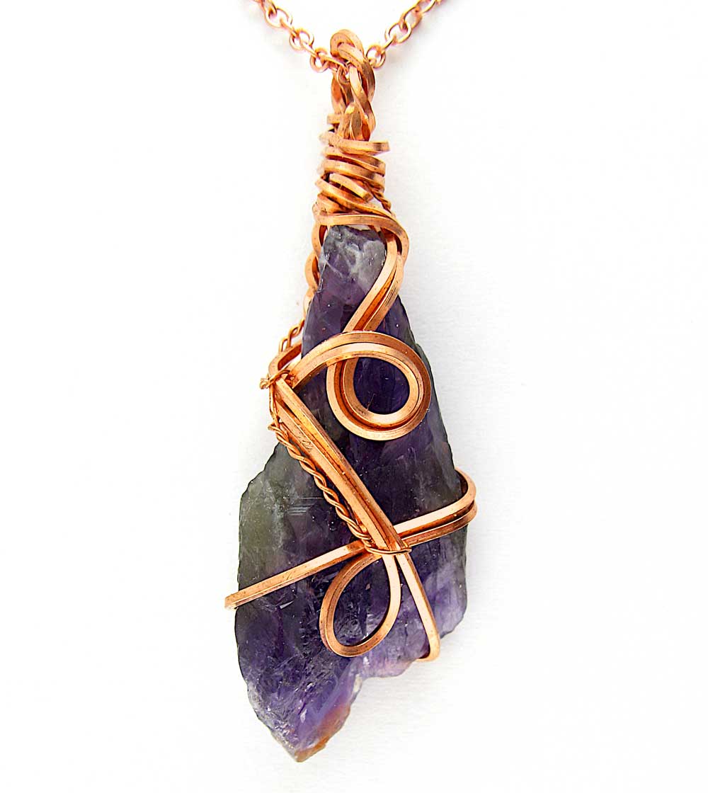 Raw Amethyst Crystal Pendant Necklace w/ 2 Swirls, Dark Purple, Copper Wire-Wrapped, w/ 20" Chain, Handmade