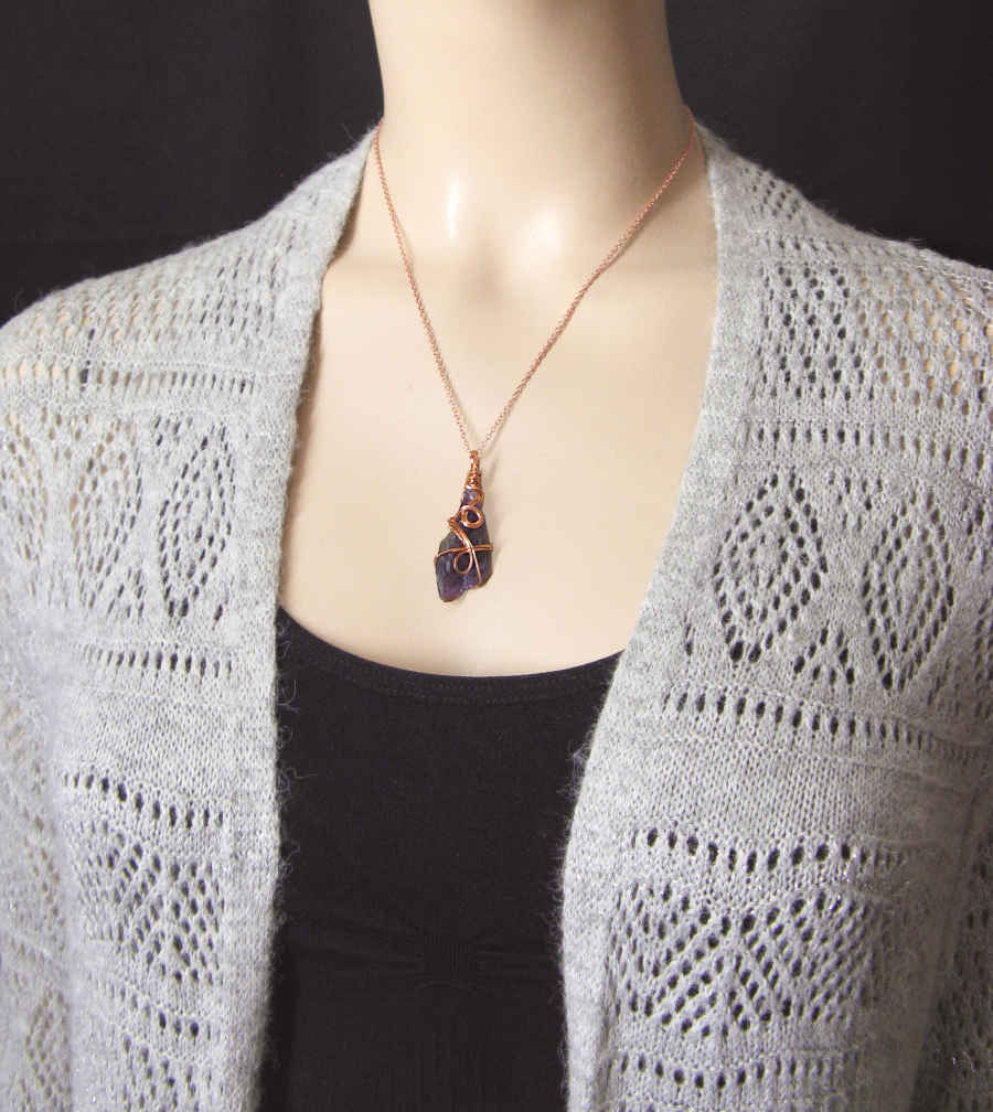 Raw Amethyst Crystal Pendant Necklace w/ 2 Swirls, Dark Purple, Copper Wire-Wrapped, w/ 20" Chain, Handmade