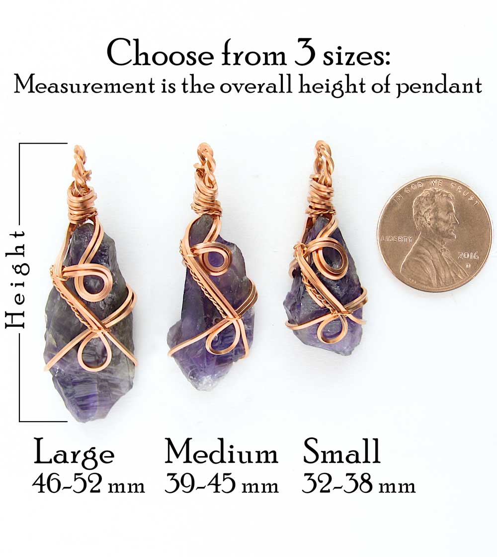 Raw Amethyst Crystal Pendant Necklace w/ 2 Swirls, Dark Purple, Copper Wire-Wrapped, w/ 20" Chain, Handmade