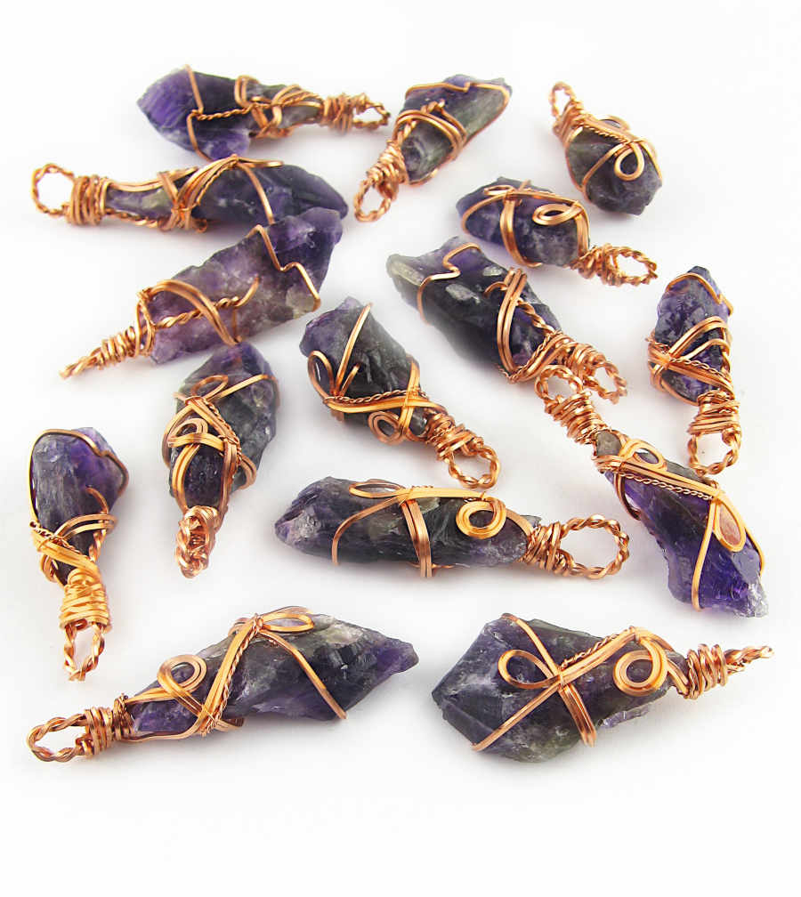 Raw Amethyst Crystal Pendant Necklace w/ 2 Swirls, Dark Purple, Copper Wire-Wrapped, w/ 20" Chain, Handmade