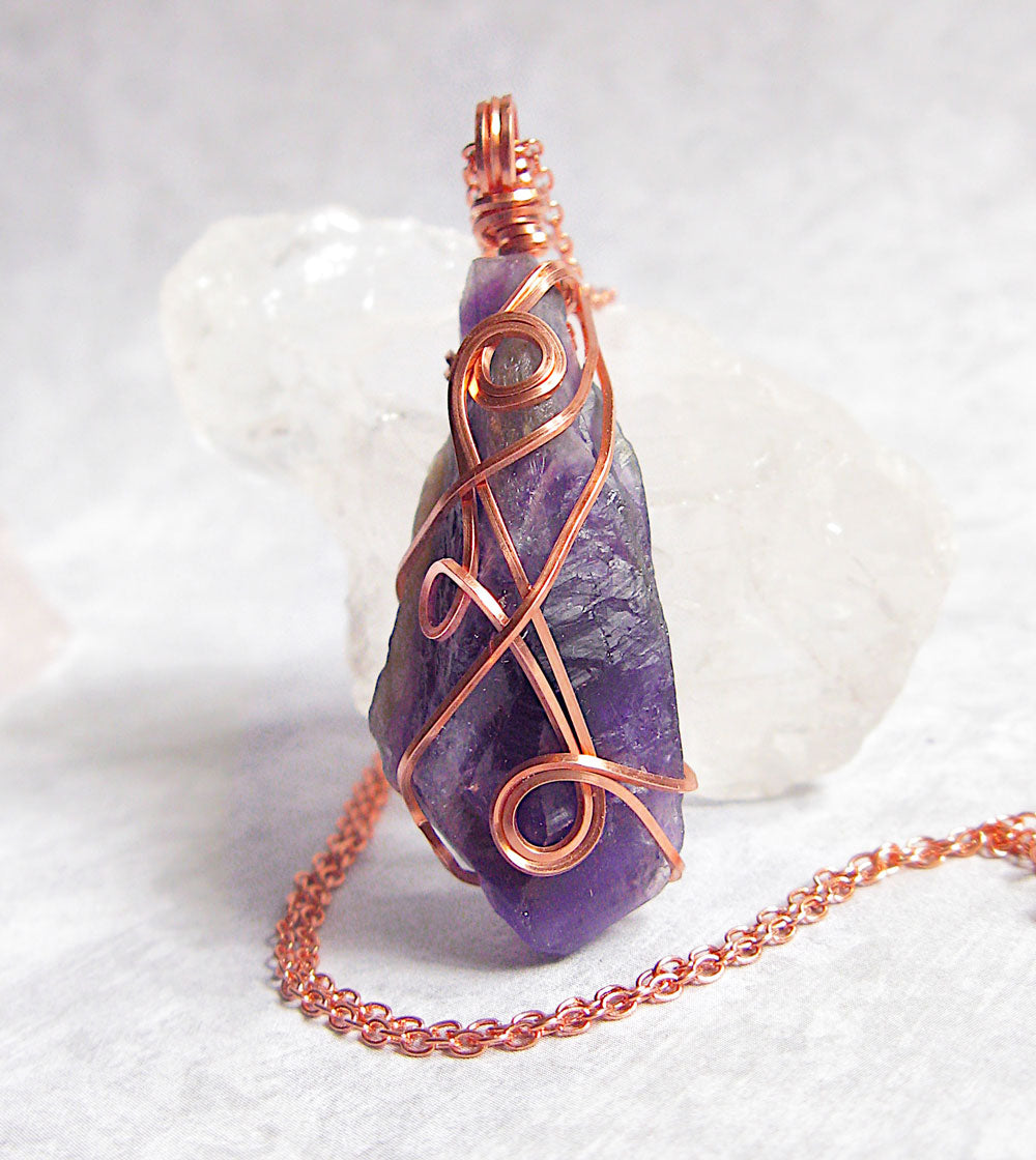 Raw Amethyst Crystal Pendant w/ 3 Swirls, Dark Purple, Copper Wire-Wrapped, w/ 20" Chain, Handmade