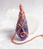 Raw Amethyst Crystal Pendant w/ 3 Swirls, Dark Purple, Copper Wire-Wrapped, w/ 20" Chain, Handmade