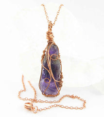 Raw Dark Purple Amethyst Crystal Pendant Necklace Copper Wire-Wrapped Handmade - Includes 20" Chain | Woot & Hammy