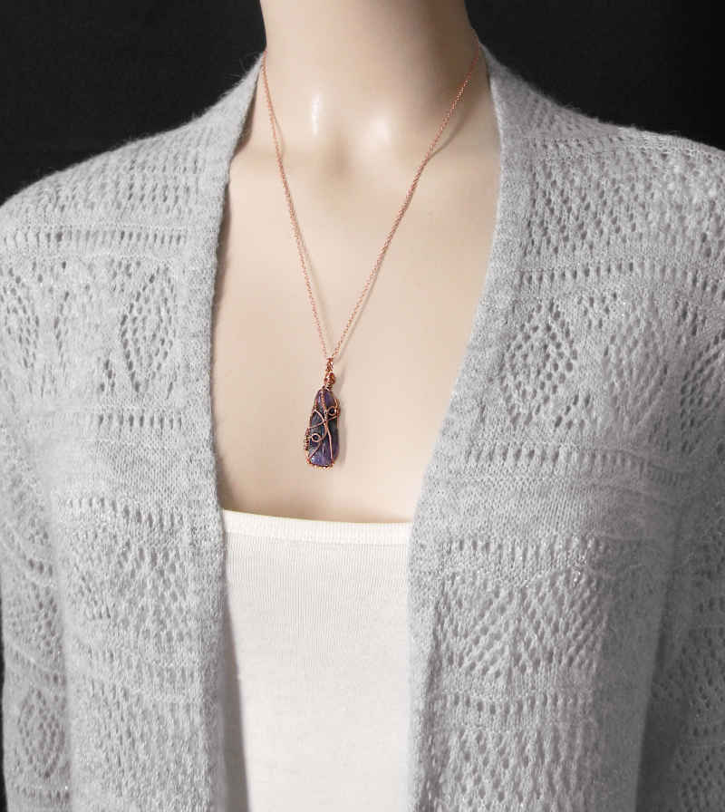 Raw Dark Purple Amethyst Crystal Pendant Necklace Copper Wire-Wrapped Handmade - Includes 20" Chain | Woot & Hammy