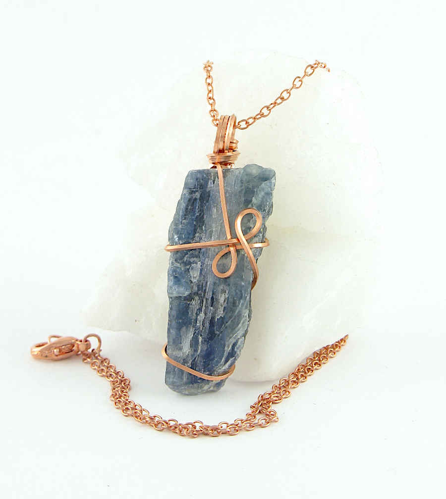 Raw Blue Kyanite Crystal Pendant, Copper Wire-Wrapped, Handmade, with 20" Chain | Woot & Hammy
