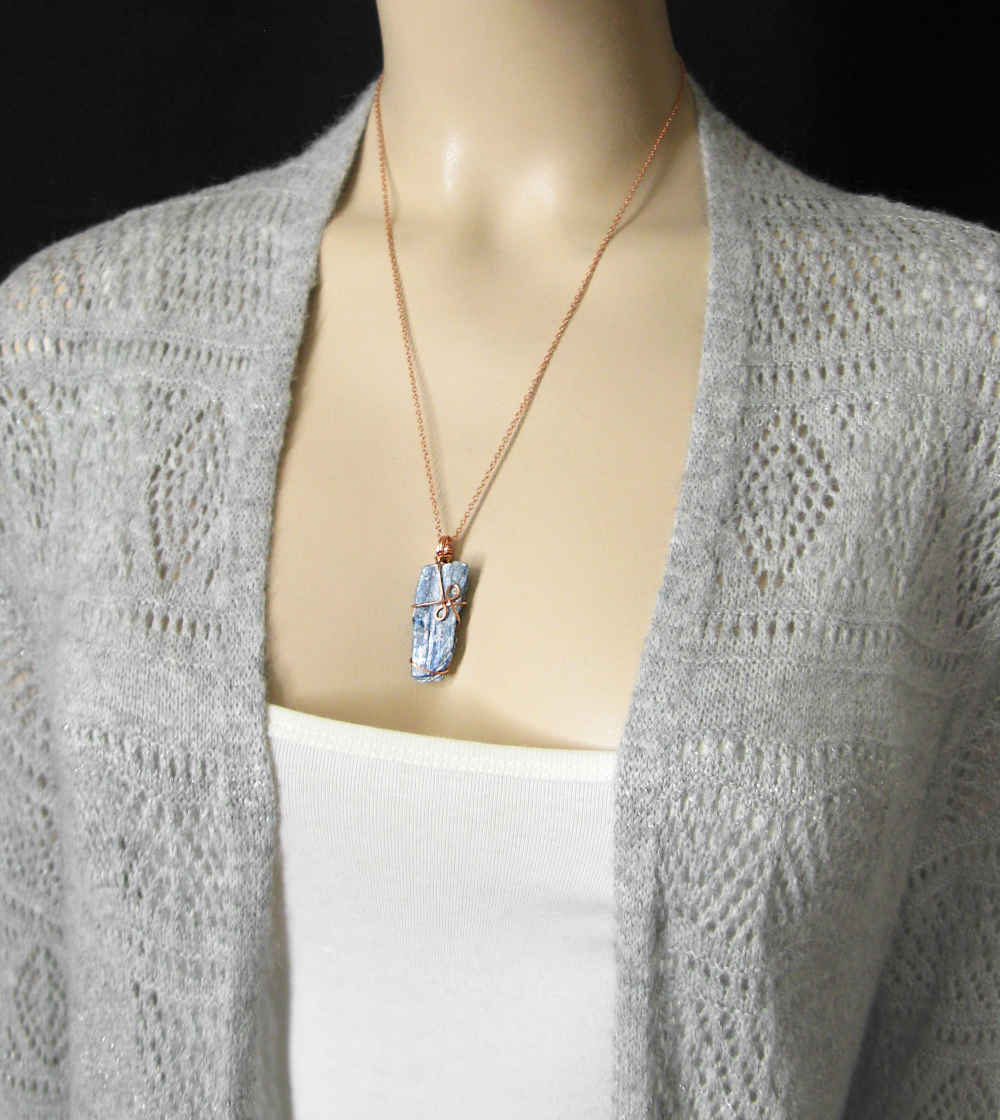 Raw Blue Kyanite Crystal Pendant, Copper Wire-Wrapped, Handmade, with 20" Chain | Woot & Hammy