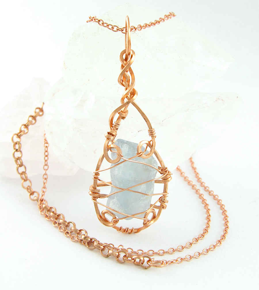 Pendant Necklace Raw Blue Celestite Crystal Copper Wire Wrapped