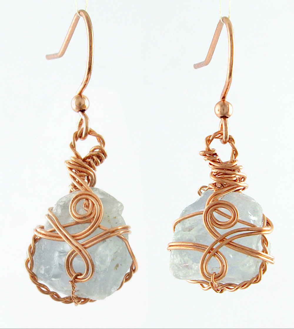 Raw Celestite Crystal Hook Earrings Wire-Wrapped In Copper With Swirls, Handmade | Woot & Hammy