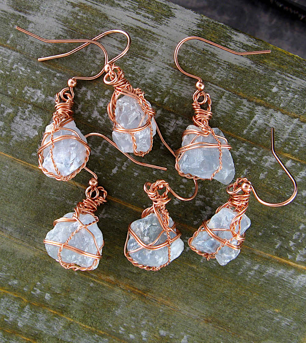 Raw Celestite Crystal Hook Earrings Wire-Wrapped In Copper With Swirls, Handmade | Woot & Hammy