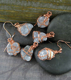Raw Celestite Crystal Hook Earrings Wire-Wrapped In Copper With Swirls, Handmade | Woot & Hammy