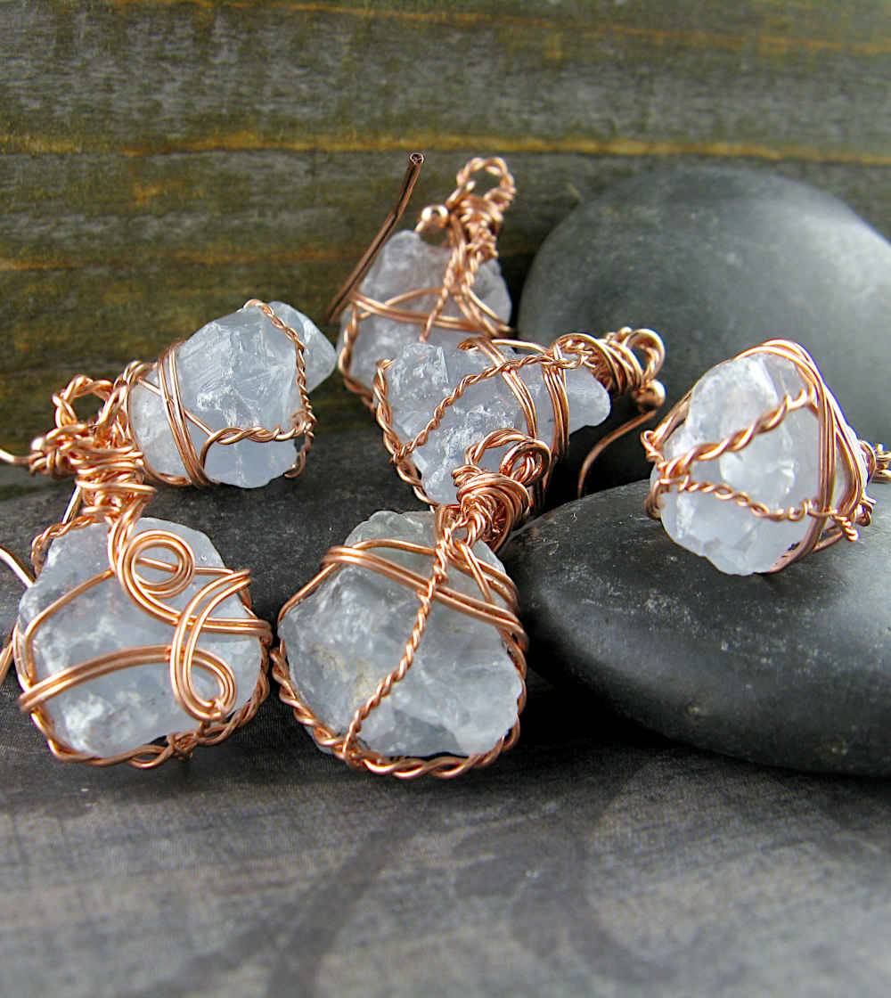 Raw Celestite Crystal Hook Earrings Wire-Wrapped In Copper With Swirls, Handmade | Woot & Hammy