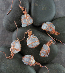 Raw Celestite Crystal Hook Earrings Wire-Wrapped In Copper With Swirls, Handmade | Woot & Hammy