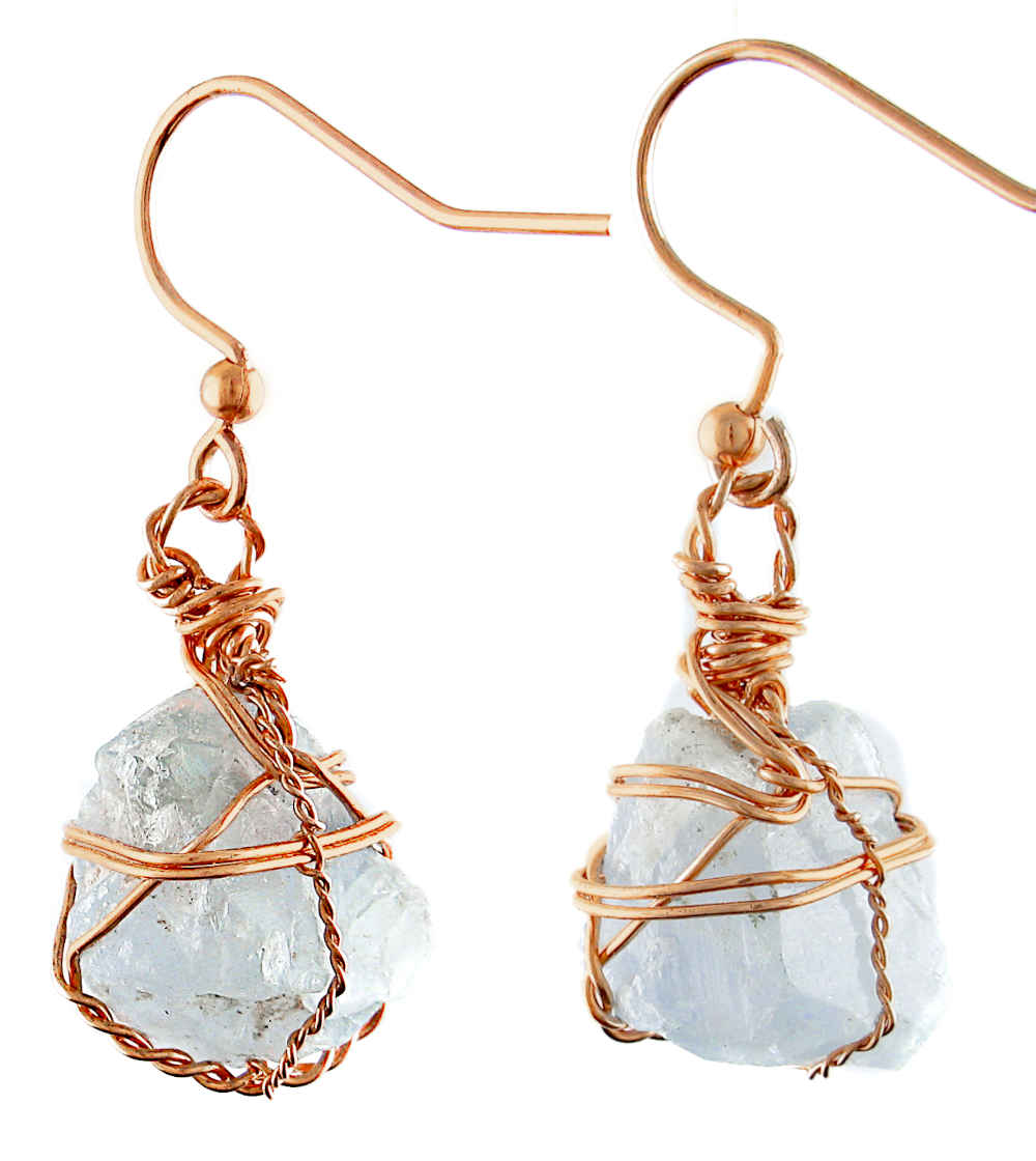 Raw Celestite Crystal Hook Earrings Wire-Wrapped In Copper With Swirls, Handmade | Woot & Hammy