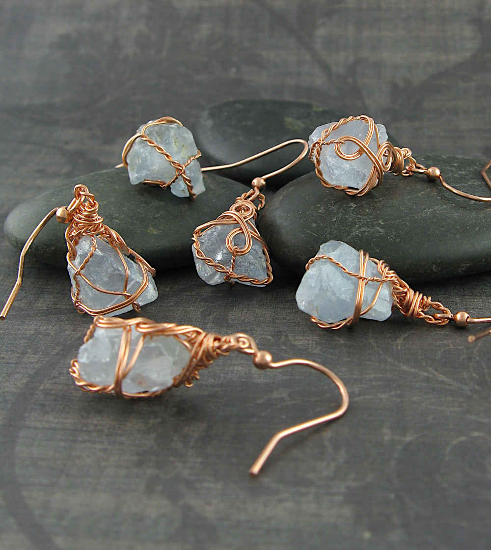 Raw Celestite Crystal Hook Earrings Wire-Wrapped In Copper With Swirls, Handmade | Woot & Hammy