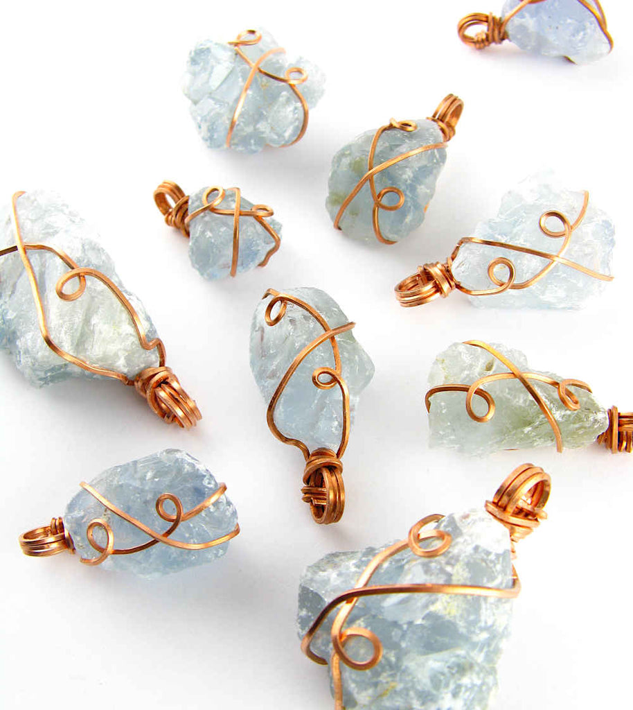sky blue celestite pendant necklace copper wire wrapped protection healing stone celestine rock gem natural aqua rough gemstone various angles two