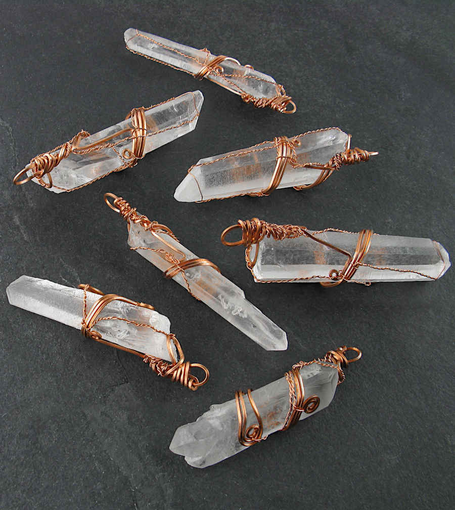 Raw Quartz Crystal Point Pendant Necklace, Copper Wire-Wrapped, with 24" Chain, Rough Gemstone Handmade front view with chain