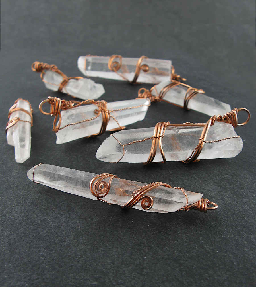 Raw Quartz Crystal Point Pendant Necklace, Copper Wire-Wrapped, with 24" Chain, Rough Gemstone Handmade front view with chain