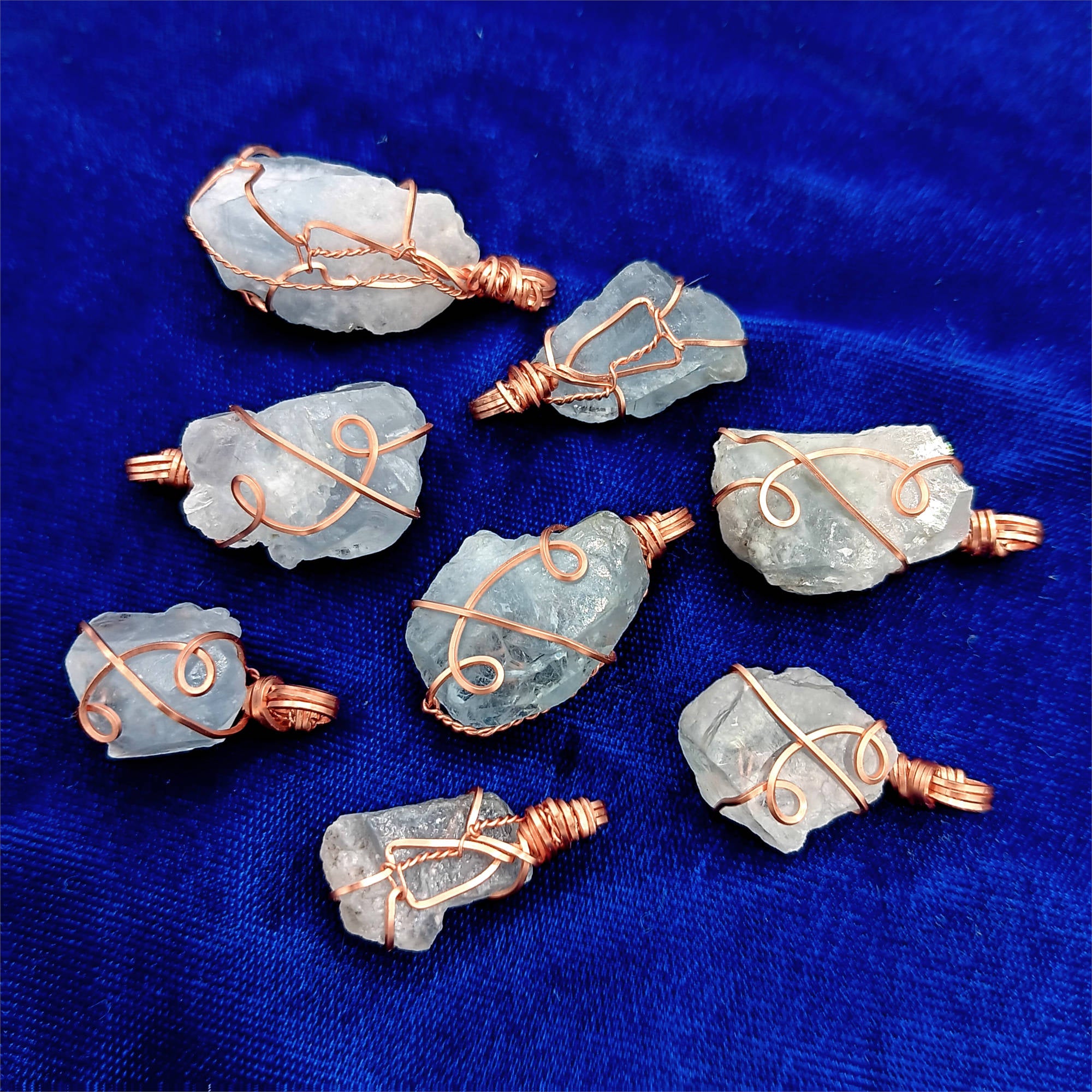 Celestite Crystal Wire-Wrapped Necklace in Copper, Sky-Blue Gemstone Pendant, Handmade