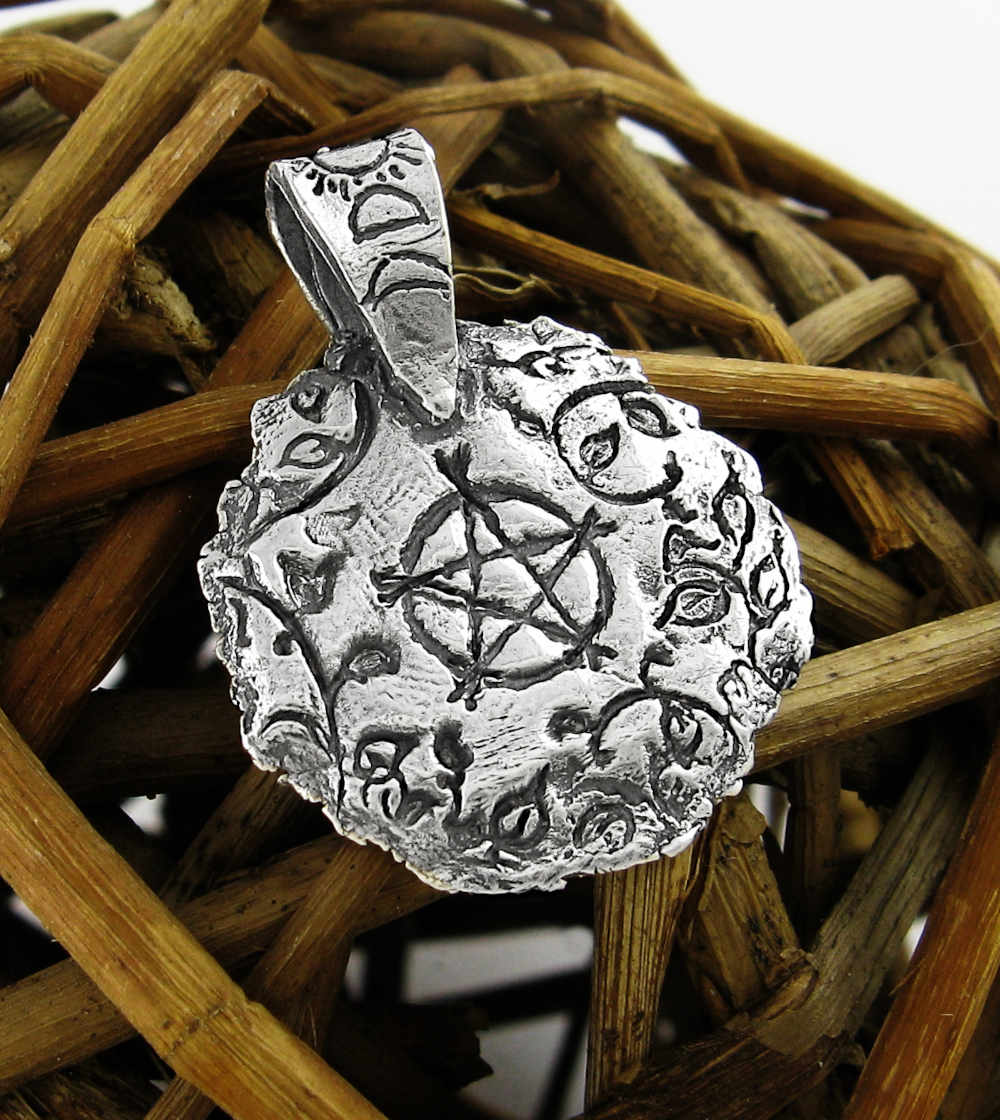 Round Pentacle Surrounded by Vines Pendant, Handmade Metal Clay Silver