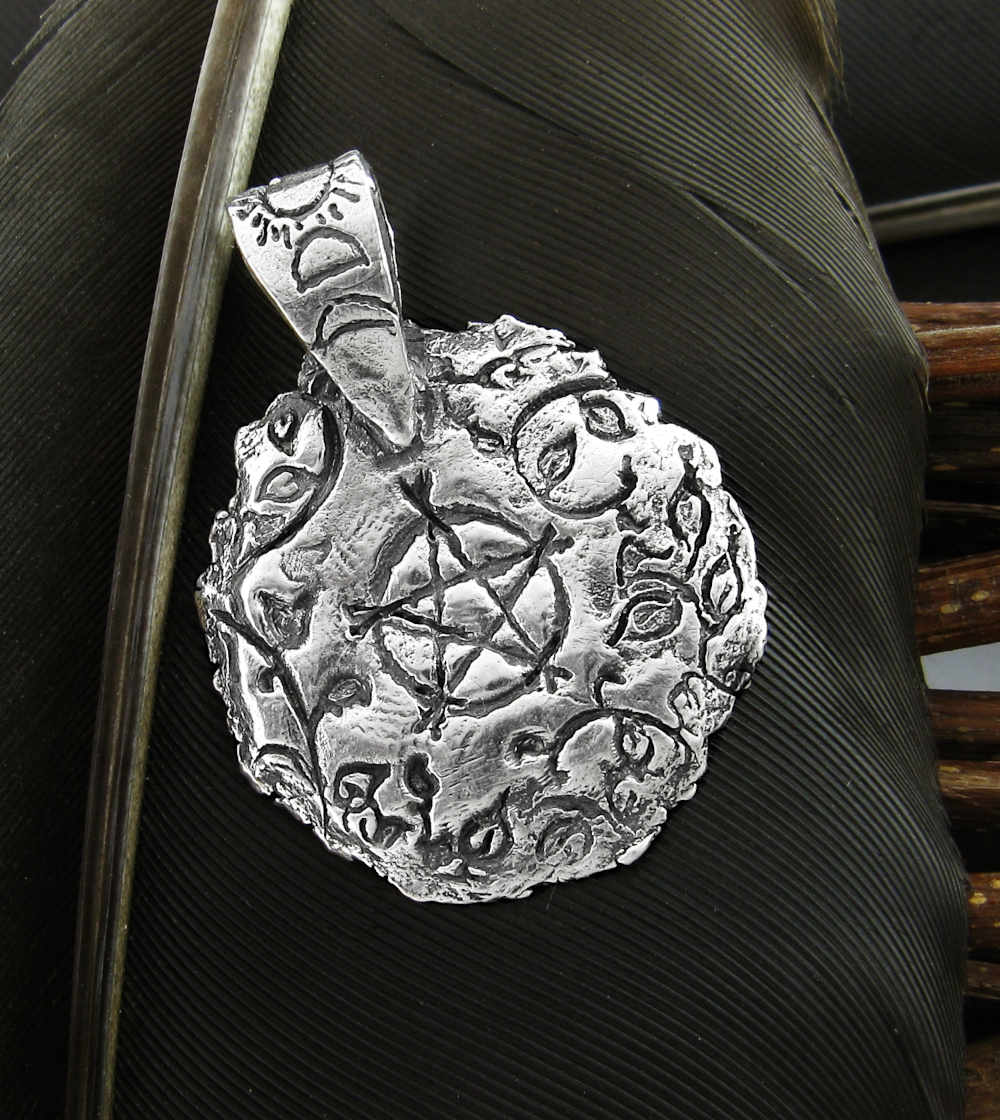 Round Pentacle Surrounded by Vines Pendant, Handmade Metal Clay Silver