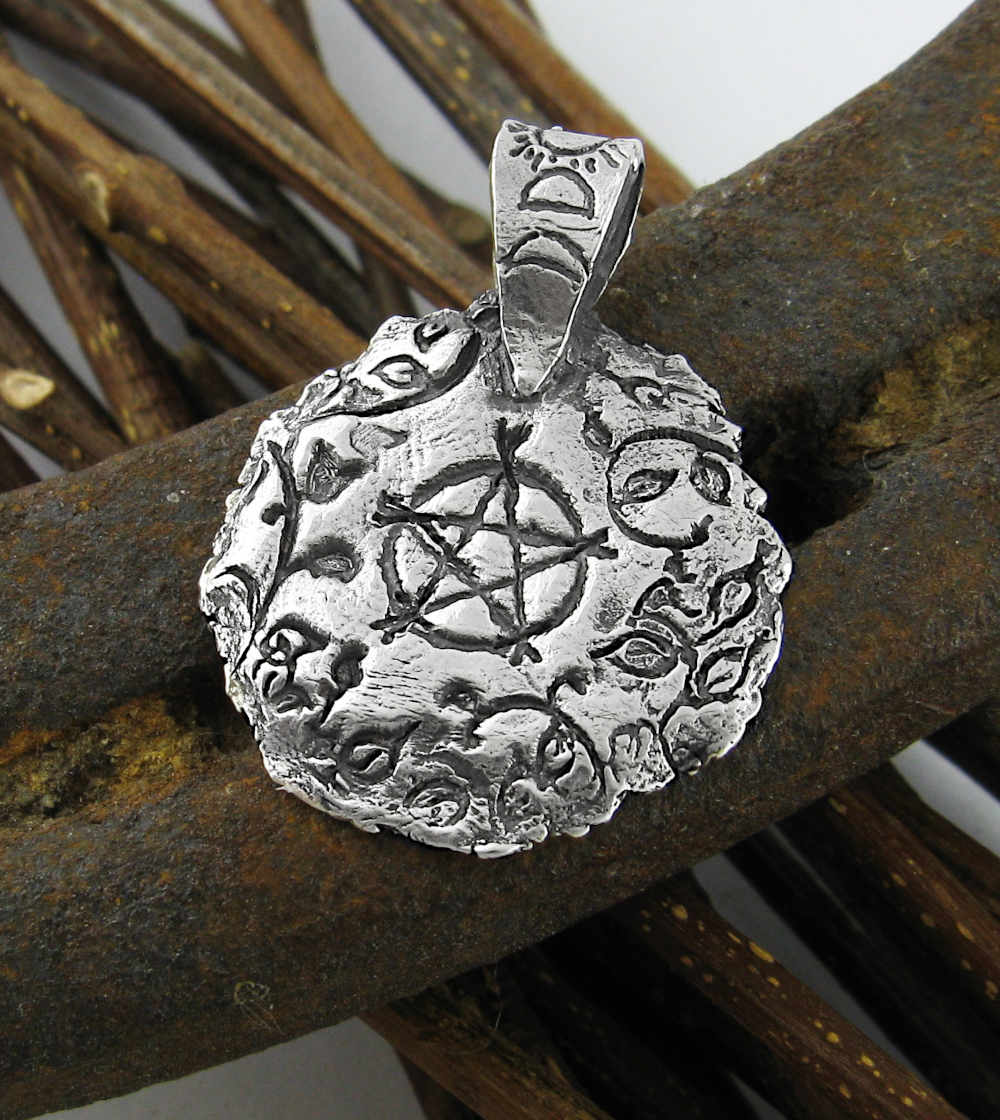 Round Pentacle Surrounded by Vines Pendant, Handmade Metal Clay Silver