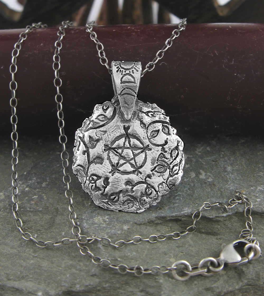 Round Pentacle Surrounded by Vines Pendant, Handmade Metal Clay Silver