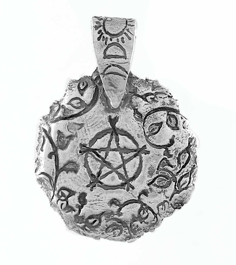 Round Pentacle Surrounded by Vines Pendant, Handmade Metal Clay Silver